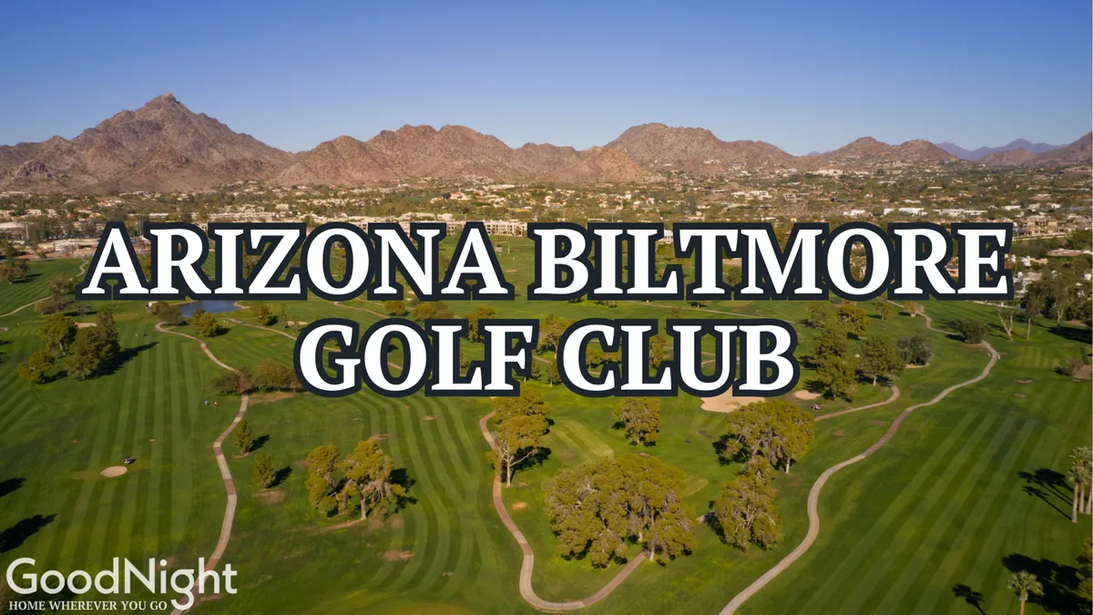 The image captures a lush golf course with rolling greens set against a mountainous backdrop, with a luxurious clubhouse visible in the distance. Golfers can be seen enjoying a round, and the scene is bathed in warm, late-afternoon sunlight, suggesting a relaxing atmosphere after a day of activities.